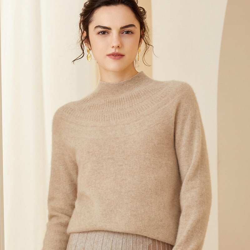Women Cashmere Sweater Half Turtleneck Openwork Yoke Cashmere Pullover Camel XS