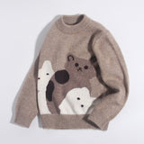 Cute Kids Cashmere Sweater Cats Motif Crew Neck Cashmere Pullover Taupe 90