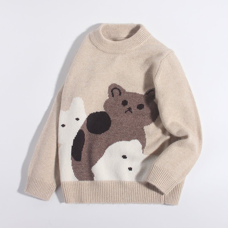 Cute Kids Cashmere Sweater Cats Motif Crew Neck Cashmere Pullover Beige 90