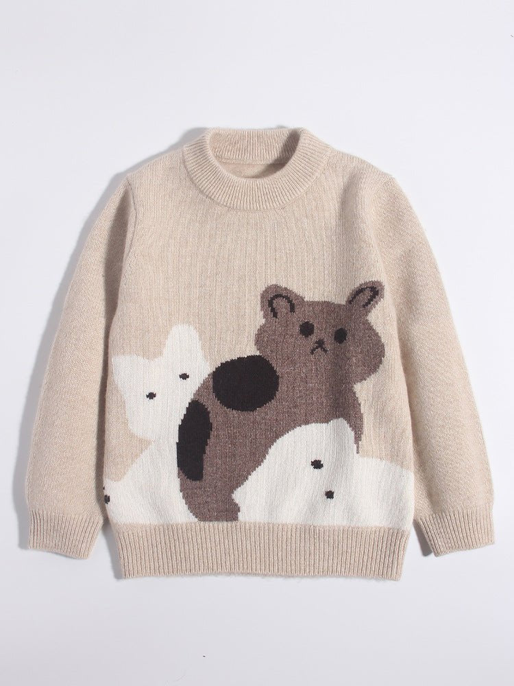 Cute Kids Cashmere Sweater Cats Motif Crew Neck Cashmere Pullover Beige 90