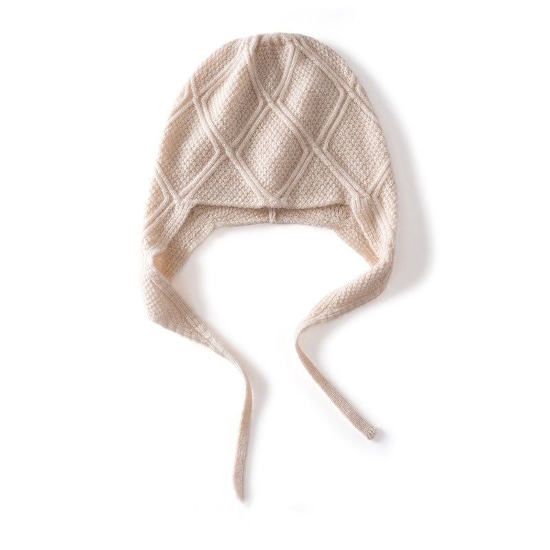 Diamond Knit Pure Cashmere Beanie Cashmere Bonnet Hat with Ties