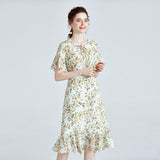 Floral pure silk Dress For womens Short Sleeve Summer Party Silk Dress