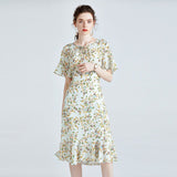 Floral pure silk Dress For womens Short Sleeve Summer Party Silk Dress