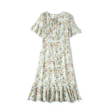 Floral pure silk Dress For womens Short Sleeve Summer Party Silk Dress