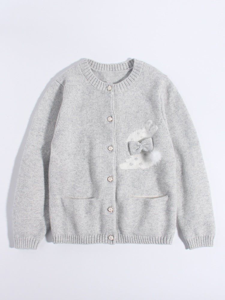 Girls Cashmere Cardigan Bunny Bow Appliqué Cashmere Sweater Grey 90