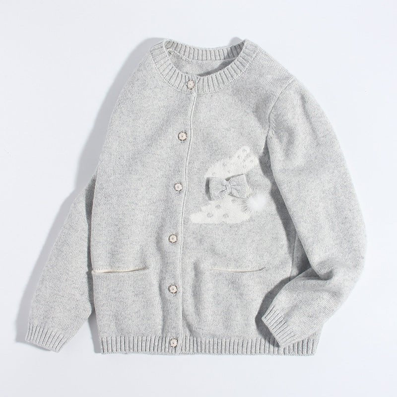 Girls Cashmere Cardigan Bunny Bow Appliqué Cashmere Sweater Grey 90