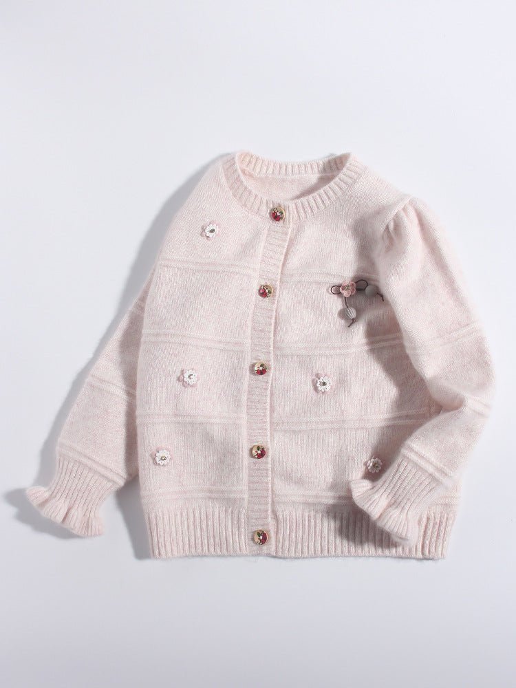 Girls Cashmere Cardigan Embroidered Mouse Floral Accents Cashmere Sweater Pink 80