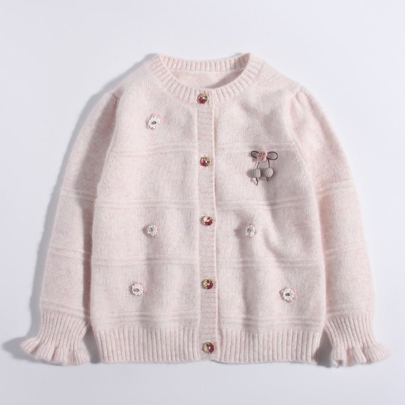 Girls Cashmere Cardigan Embroidered Mouse Floral Accents Cashmere Sweater Pink 80