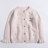 Girls Cashmere Cardigan Embroidered Mouse Floral Accents Cashmere Sweater Pink 80