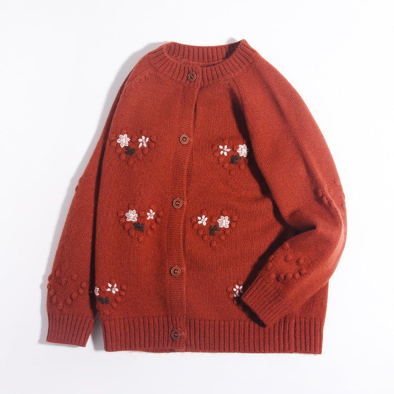 Girls Cashmere Cardigan Floral Embroidery Kids Cashmere Sweater Caramel 90