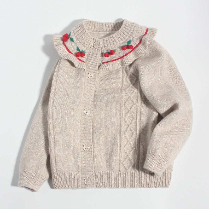 Girls Cashmere Cardigan Ruffled Cherry Embroidered Neck Cashmere Sweater Camel 90