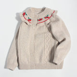 Girls Cashmere Cardigan Ruffled Cherry Embroidered Neck Cashmere Sweater Camel 90