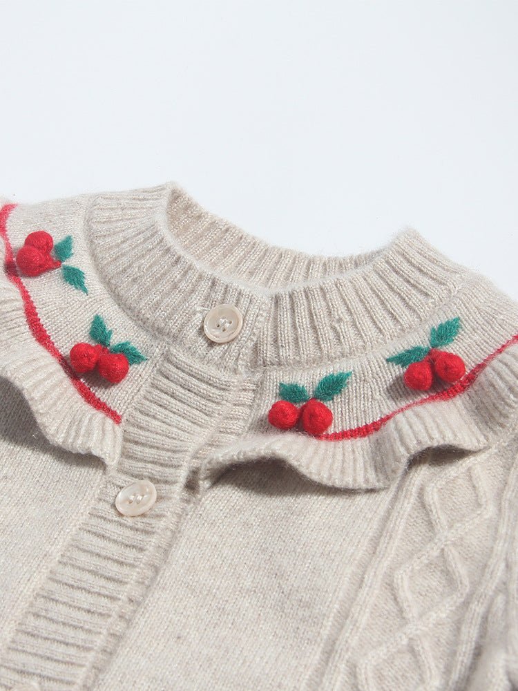 Girls Cashmere Cardigan Ruffled Cherry Embroidered Neck Cashmere Sweater Camel 90