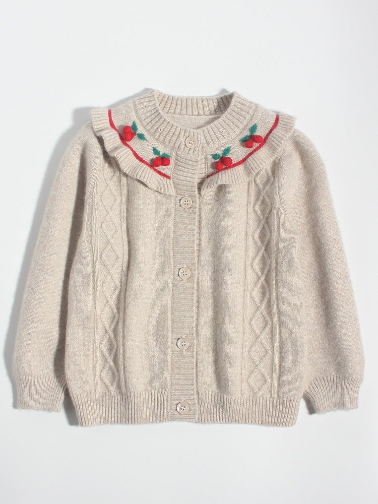 Girls Cashmere Cardigan Ruffled Cherry Embroidered Neck Cashmere Sweater Camel 90