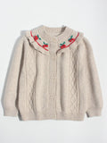 Girls Cashmere Cardigan Ruffled Cherry Embroidered Neck Cashmere Sweater Camel 90