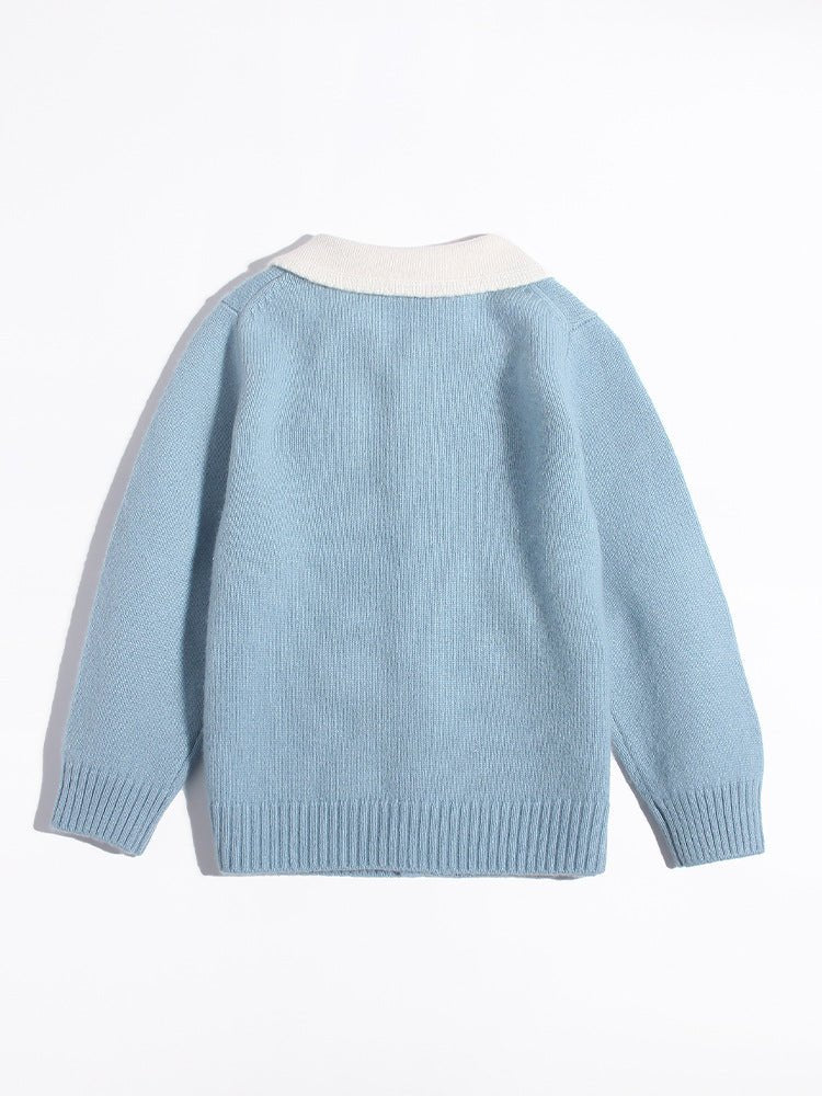 Girls Cashmere Cardigan White Collar Floral Embroidery Cashmere Sweater Blue 80