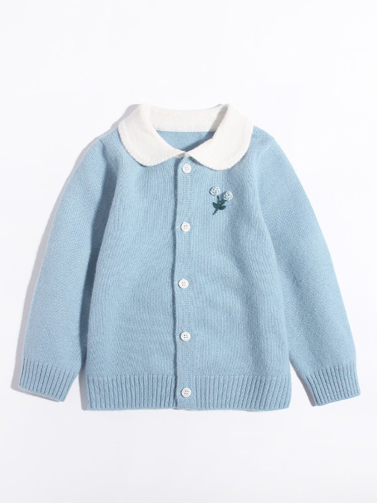 Girls Cashmere Cardigan White Collar Floral Embroidery Cashmere Sweater Blue 80