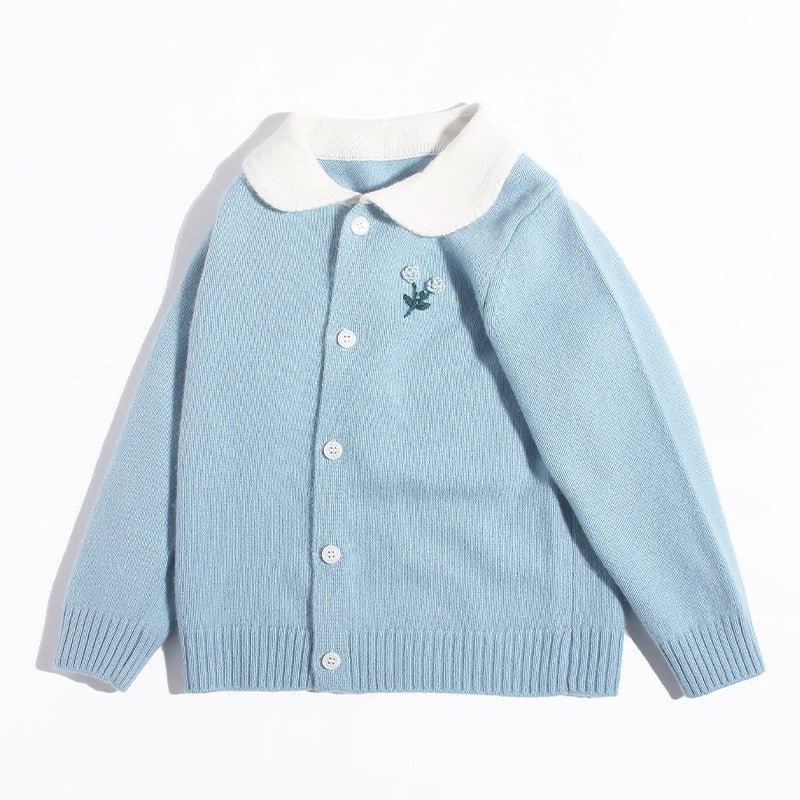 Girls Cashmere Cardigan White Collar Floral Embroidery Cashmere Sweater Blue 80