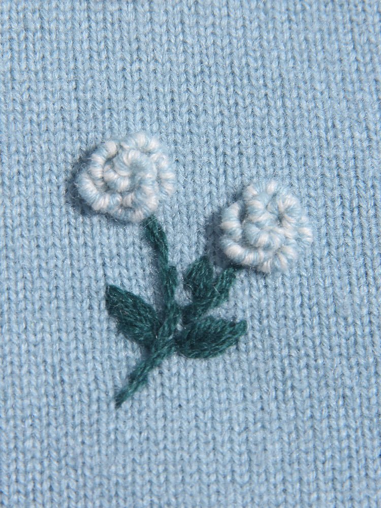 Girls Cashmere Cardigan White Collar Floral Embroidery Cashmere Sweater Blue 80