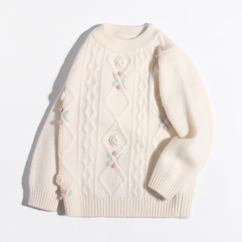 Girls Cashmere Sweater Cable Knit Floral Embroidery Cashmere Blouse Ivory 90