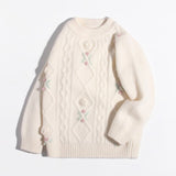 Girls Cashmere Sweater Cable Knit Floral Embroidery Cashmere Blouse Ivory 90