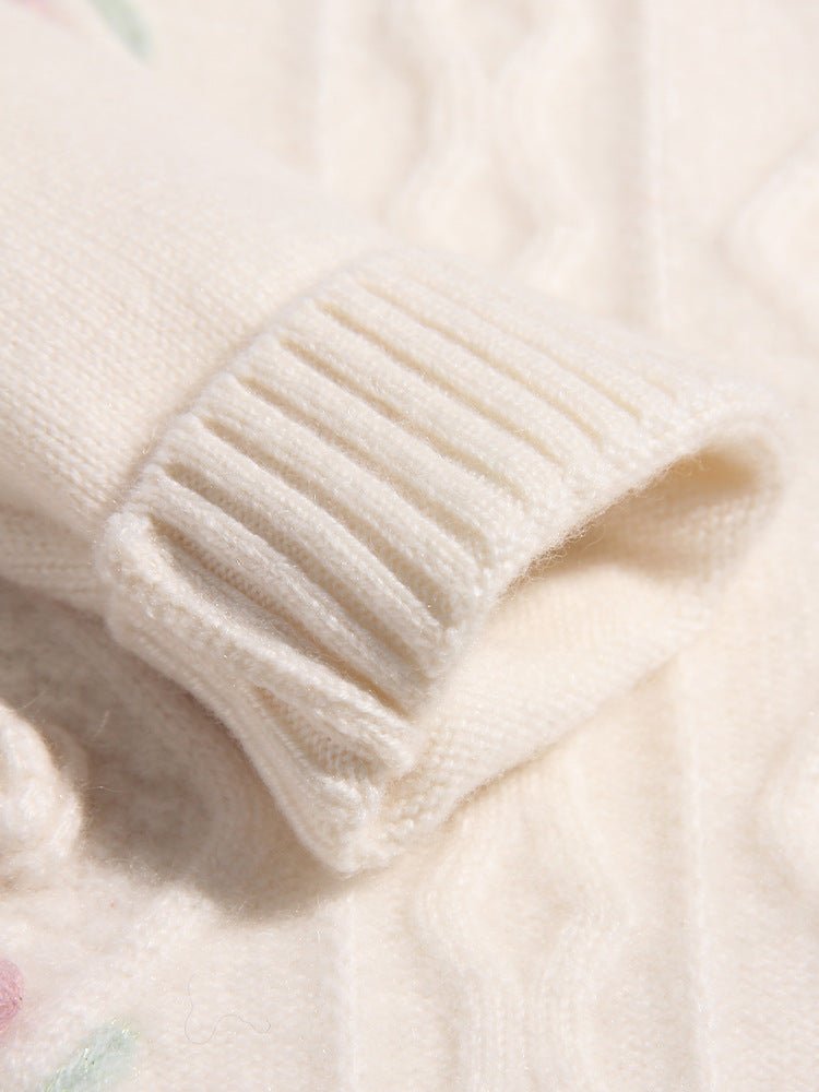 Girls Cashmere Sweater Cable Knit Floral Embroidery Cashmere Blouse Ivory 90