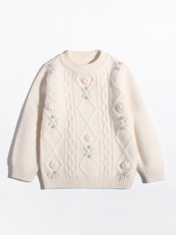 Girls Cashmere Sweater Cable Knit Floral Embroidery Cashmere Blouse Ivory 90