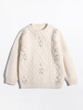 Girls Cashmere Sweater Cable Knit Floral Embroidery Cashmere Blouse Ivory 90