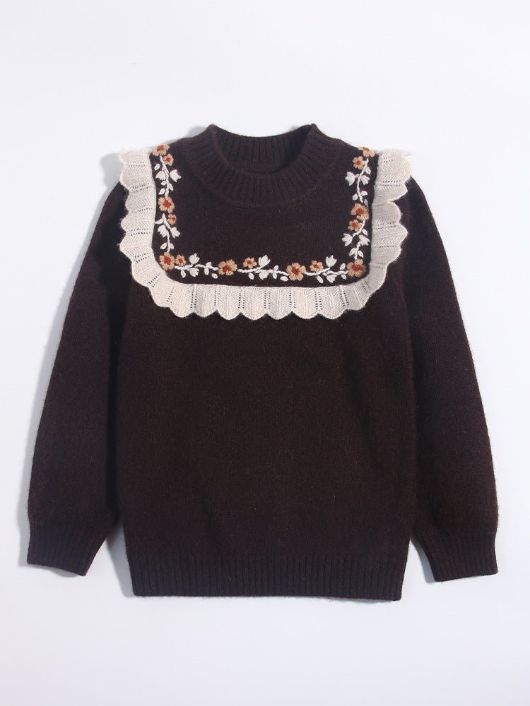 Girls Cashmere Sweater Floral Embroidery Lace Trim Kids Cashmere Pullover Coffee 90