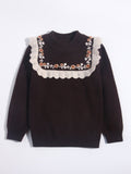 Girls Cashmere Sweater Floral Embroidery Lace Trim Kids Cashmere Pullover Coffee 90