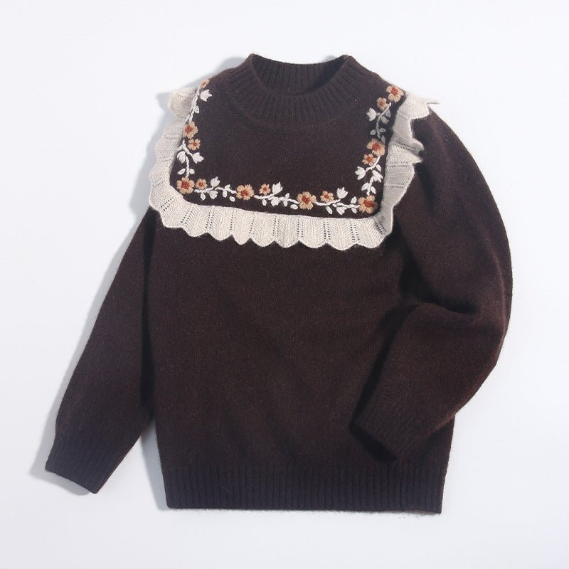 Girls Cashmere Sweater Floral Embroidery Lace Trim Kids Cashmere Pullover Coffee 90