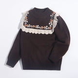 Girls Cashmere Sweater Floral Embroidery Lace Trim Kids Cashmere Pullover Coffee 90