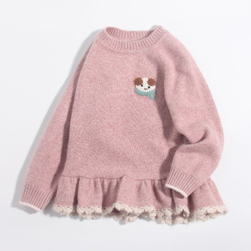 Girls Cashmere Sweater Puppy Patch Lace Hem Cashmere Knit Pullover Pink 90