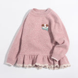 Girls Cashmere Sweater Puppy Patch Lace Hem Cashmere Knit Pullover Pink 90