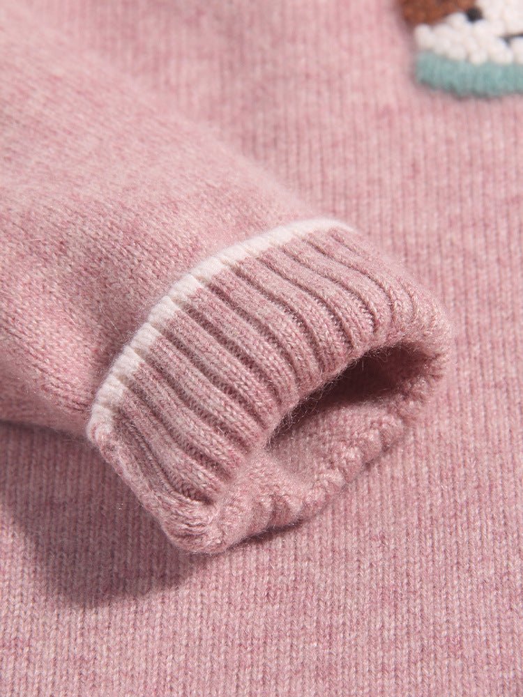 Girls Cashmere Sweater Puppy Patch Lace Hem Cashmere Knit Pullover Pink 90