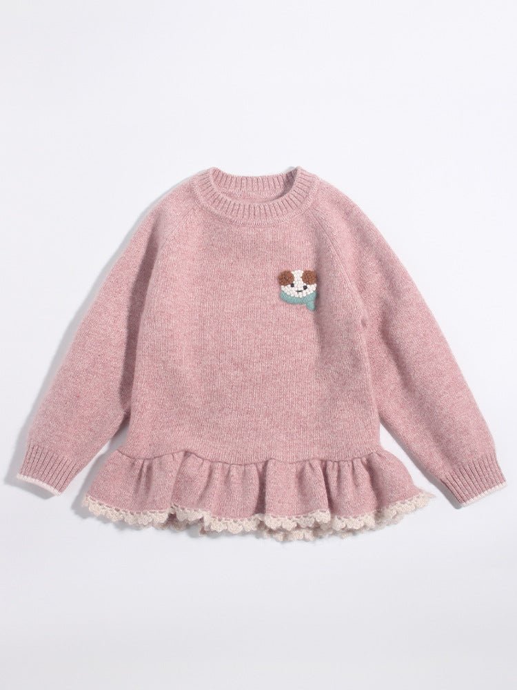 Girls Cashmere Sweater Puppy Patch Lace Hem Cashmere Knit Pullover Pink 90