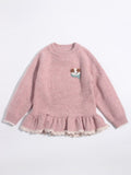 Girls Cashmere Sweater Puppy Patch Lace Hem Cashmere Knit Pullover Pink 90
