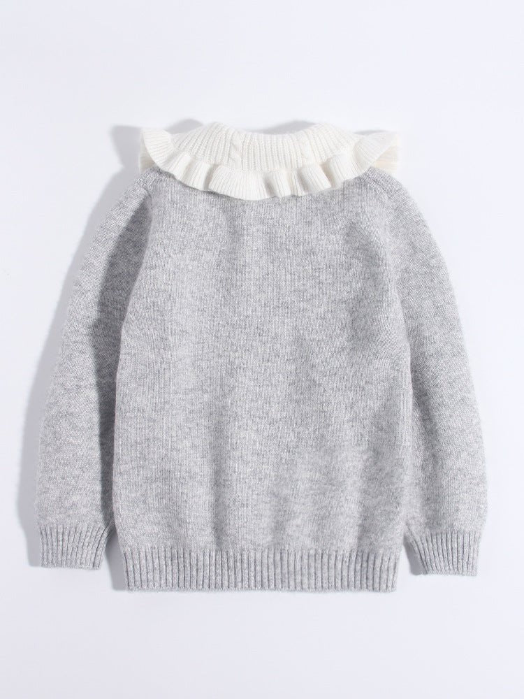 Girls Cashmere Sweater White Ruffled Collar Kids Cashmere Knit Pullover Grey 90