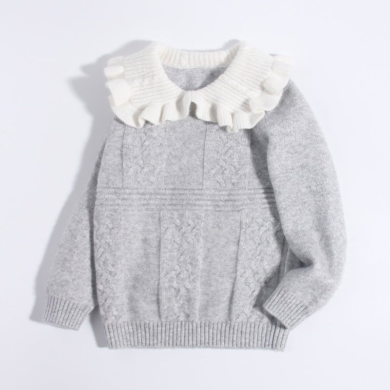 Girls Cashmere Sweater White Ruffled Collar Kids Cashmere Knit Pullover Grey 90