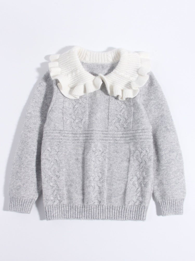 Girls Cashmere Sweater White Ruffled Collar Kids Cashmere Knit Pullover Grey 90