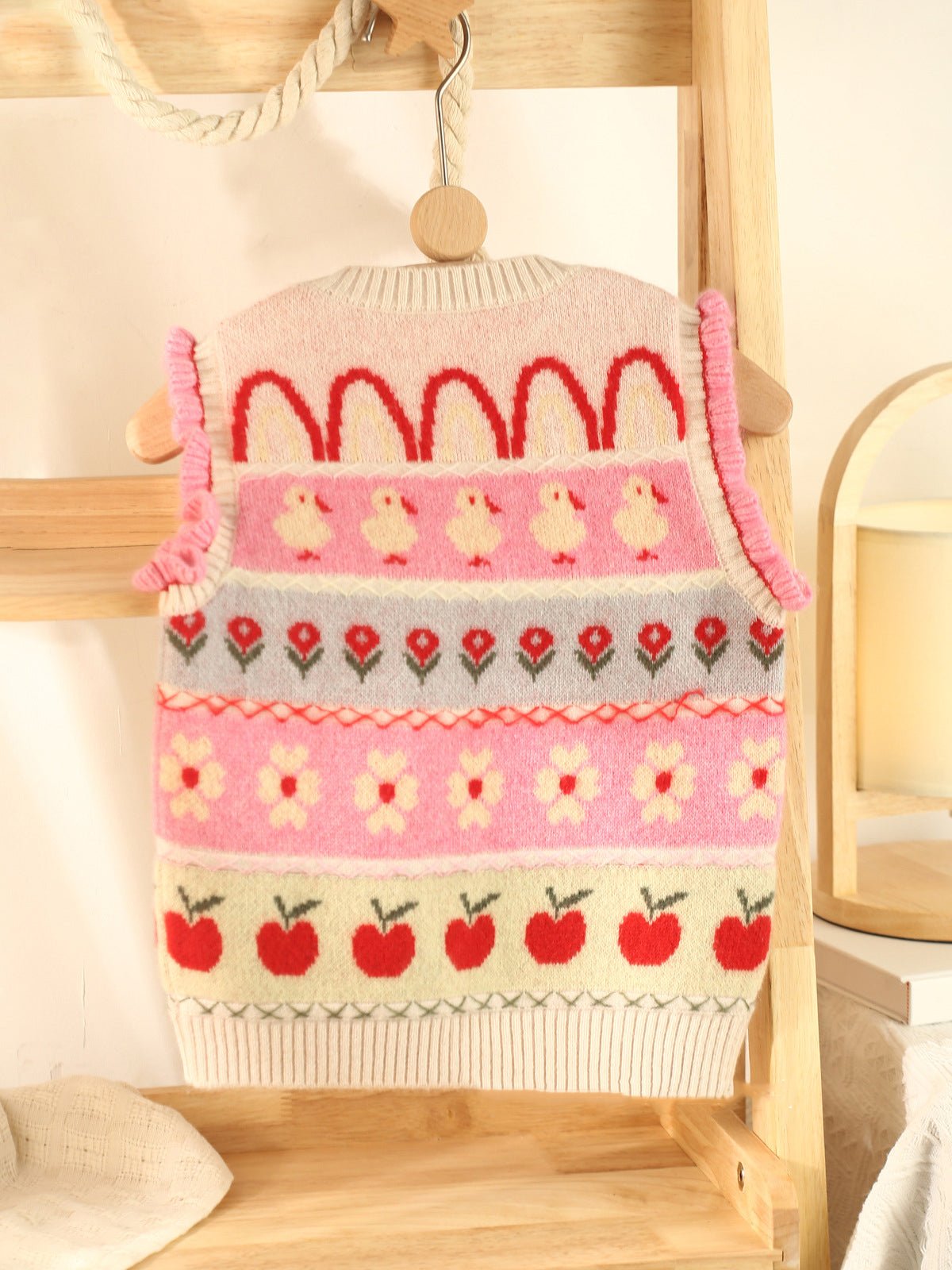 Girls Colorful Cashmere Knit Vest Duck Flower Apple Pattern Cashmere Sweater Pink 80