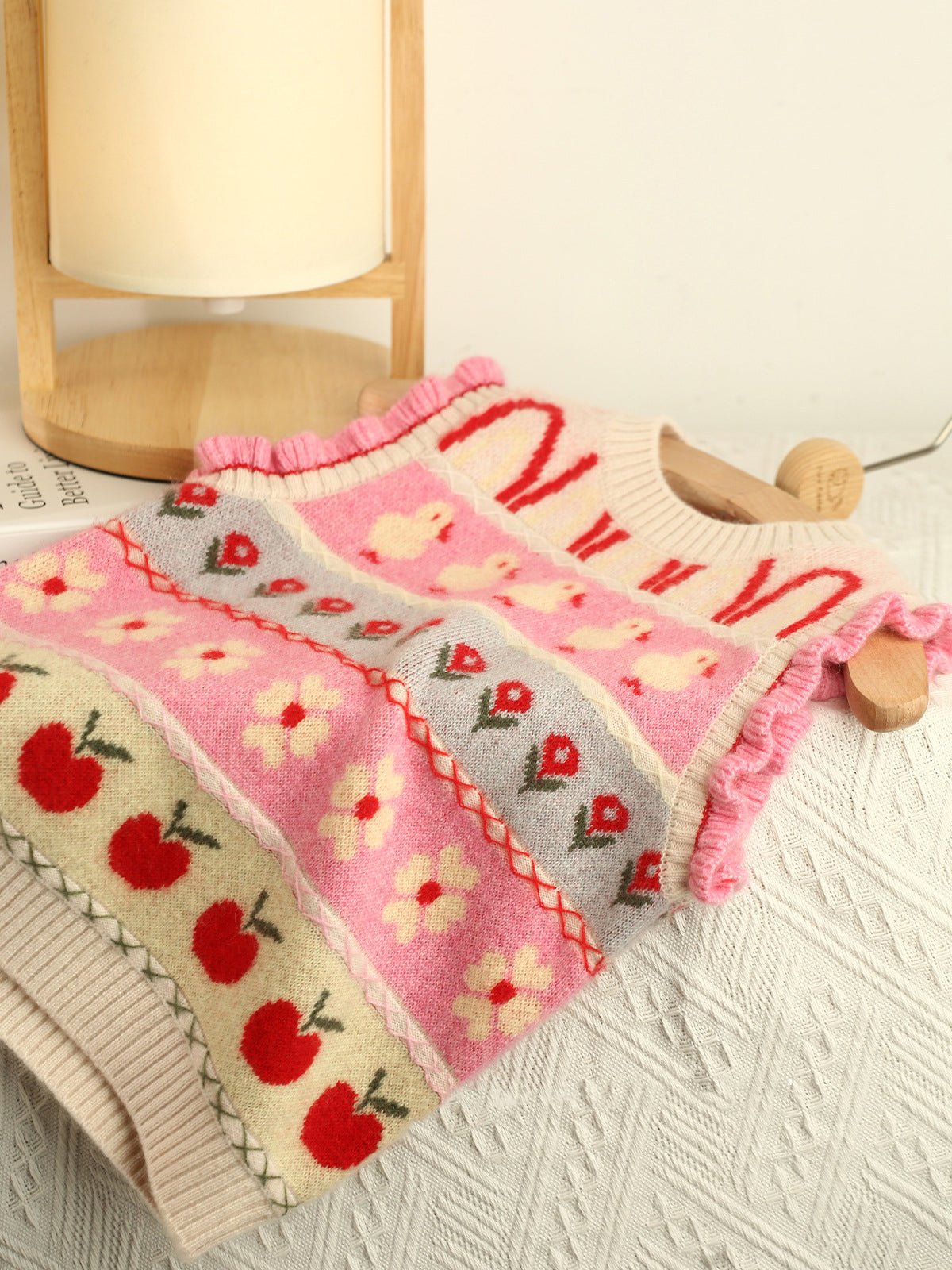 Girls Colorful Cashmere Knit Vest Duck Flower Apple Pattern Cashmere Sweater Pink 80