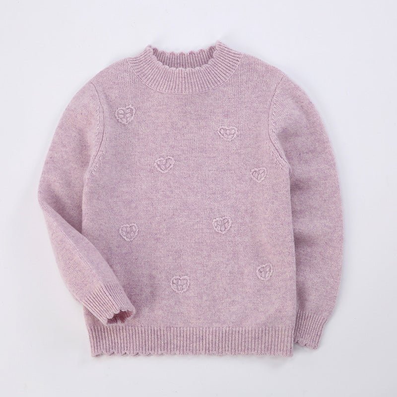 Girls Heart Patterned Cashmere Sweater Cashmere Pullover Scalloped Edge Lavender 80