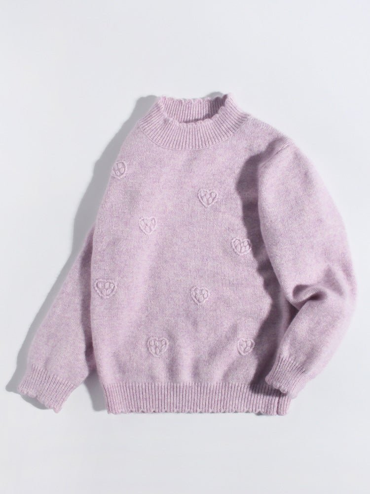 Girls Heart Patterned Cashmere Sweater Cashmere Pullover Scalloped Edge Lavender 80