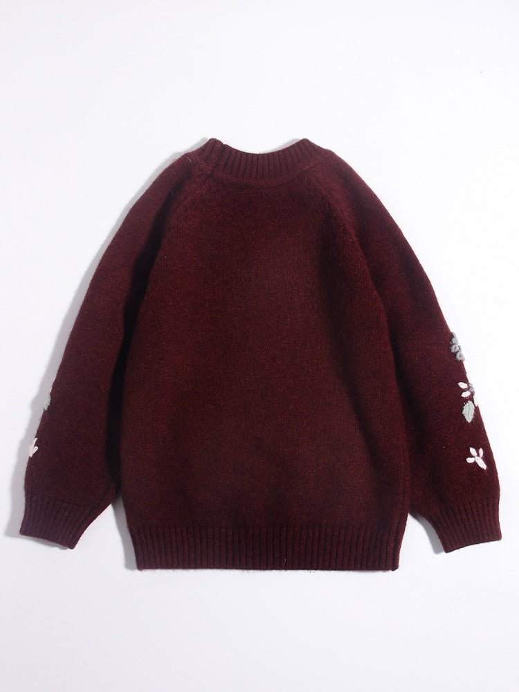 Girls Pure Cashmere Sweater Floral Embroidery Kids Cashmere Pullover Coffee 90