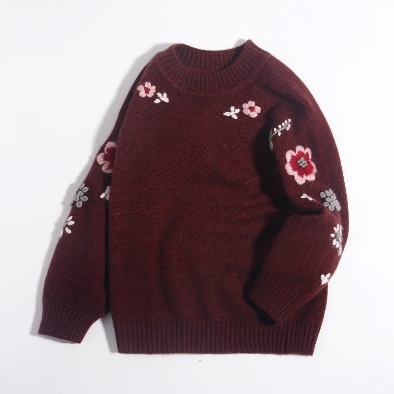 Girls Pure Cashmere Sweater Floral Embroidery Kids Cashmere Pullover Coffee 90