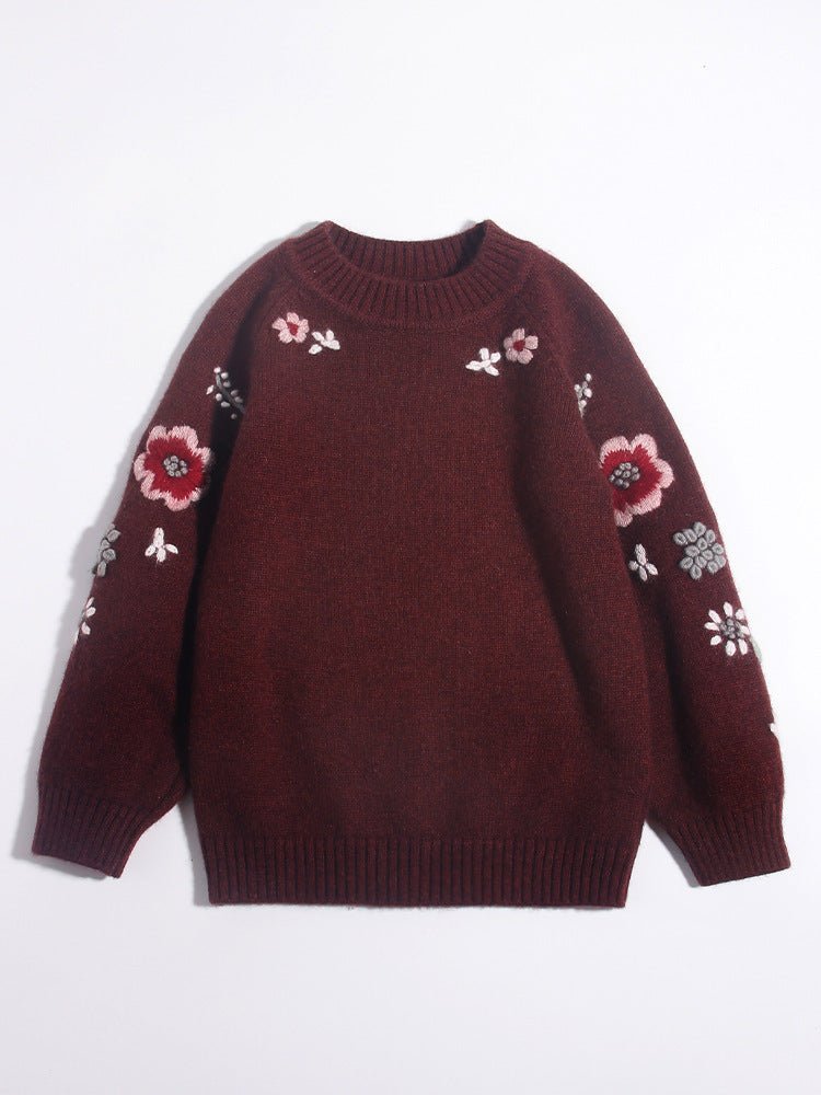 Girls Pure Cashmere Sweater Floral Embroidery Kids Cashmere Pullover Coffee 90