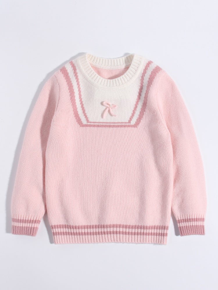 Girls Pure Cashmere Sweater Sailor Collar and Bow Detail Kids Cashmere Pullover Pink 80