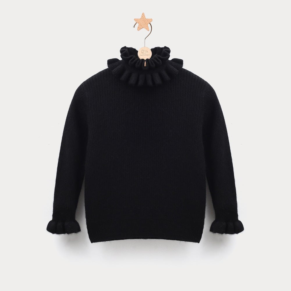 Girls Ruffle Neck Cashmere Sweater Ribbed Knit Pullover Flared Cuffs Black 100