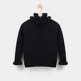 Girls Ruffle Neck Cashmere Sweater Ribbed Knit Pullover Flared Cuffs Black 100